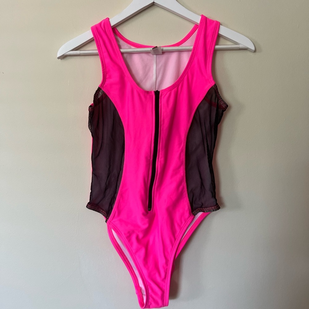 MintSwim:Hot pink mesh one piece swim suit.